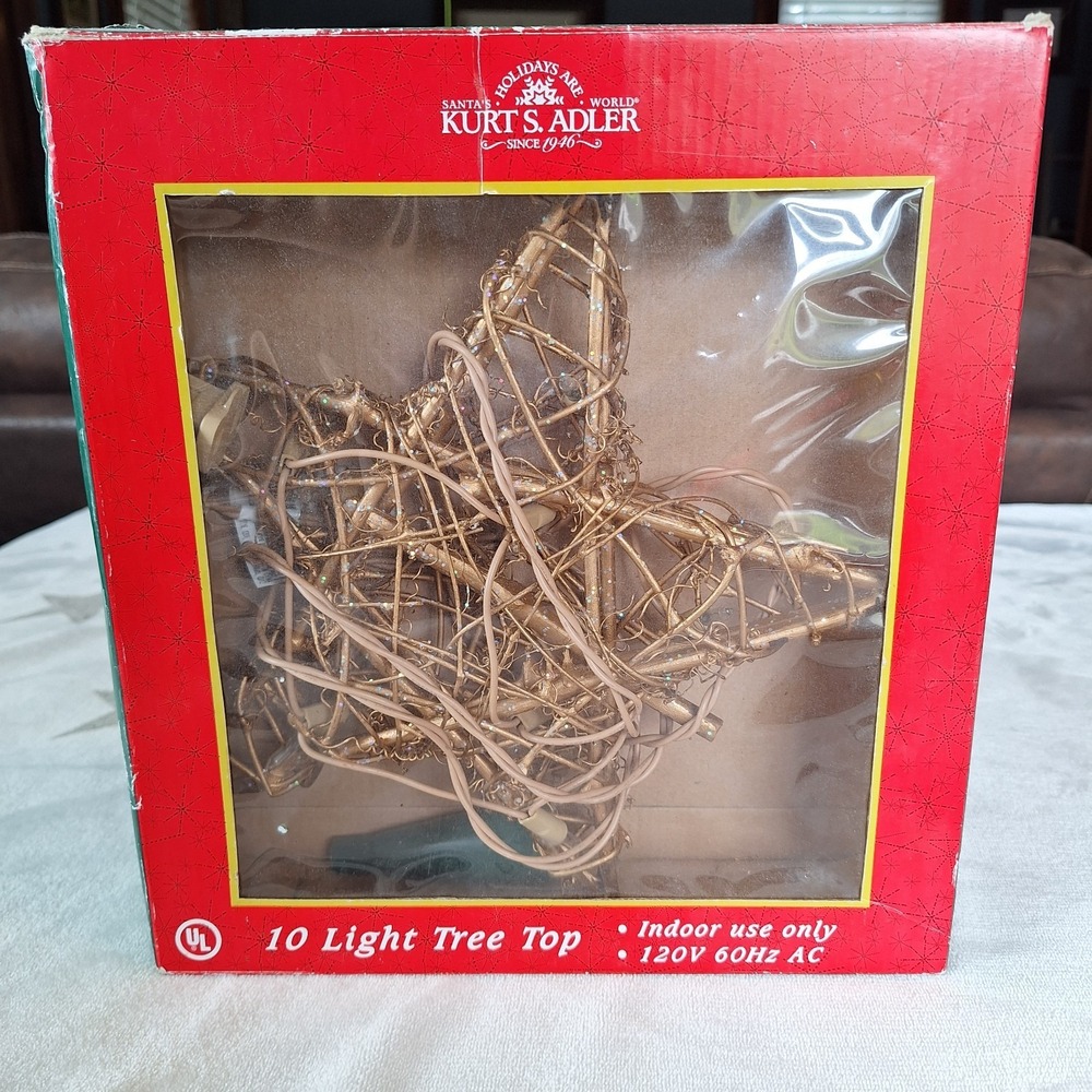 Kurt Adler 10-Light Indoor Rattan Gold Star Christmas Tree Topper Natural